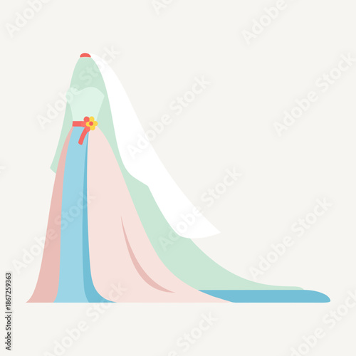 Wedding dress with train in pastel colors on light background ,  copy space