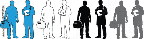 Set of medical professional silhouettes and outlines in various styles including blue, line art, and black