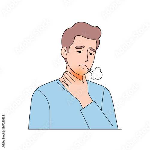 Man with sore throat showing discomfort and holding his neck,  on a white background, copy space 