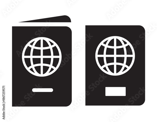 Black Passport Icon with Globe Symbol, Travel Identification Document Vector Illustration
