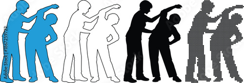 Set of figures showing stretching exercise variations in blue, outline, silhouette, and patterned styles