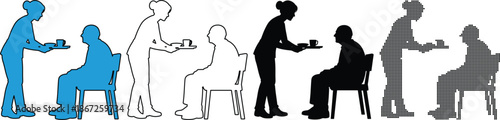 Service and care icons diverse staff serving seated elderly or disabled people in various styles