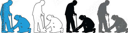 Helping elderly person with shoe or tying shoelace, caregiver assisting senior man with cane, vector icons set