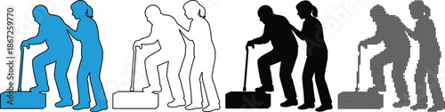 Elderly man with cane climbing step assisted by caregiver silhouette set