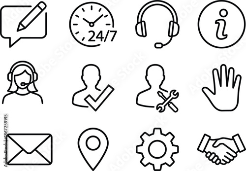 Customer service and support icons set, communication and assistance symbols for business, help desk, contact, feedback, verification