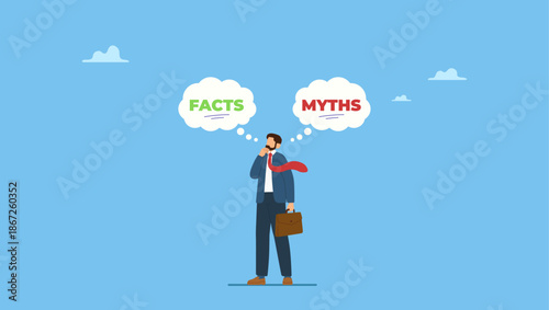 Confused businessman thinking with curiosity compare between facts or myths. Myths vs Facts, true or false information, fake news or fictional, reality versus mythology knowledge.
