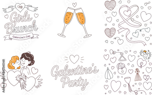 Set of galentine's day themed line art illustrations featuring girls brunch, champagne glasses, and various heart and love motifs