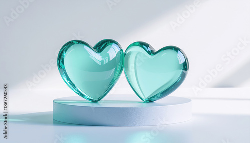 Two glass hearts with teal hue sit on white platform, casting soft shadows in bright light