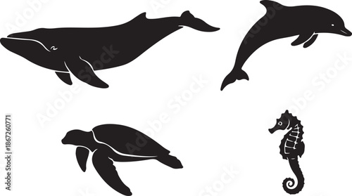 Collection of minimalist black silhouettes of sea animals and tropical leaves vector set.
