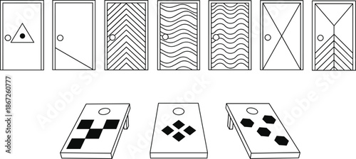 doors, doorways, panels, patterns, geometry, minimal, interiors, entryway, architecture, decor, symbols, abstract, design, shapes, frames, surfaces, textures, boards, games, cornhole