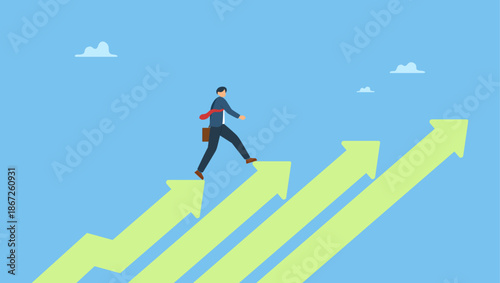 Confidence businessman stepping up growth arrow stair. Business growth and career path, climb up ladder of success or staircase to grow up, ambition and leadership to achieve target.