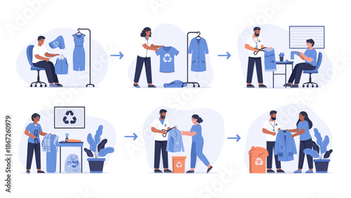 A cartoon laundry worker smiling while holding an iron and smoothing out clothes, conveying a sense of efficiency and professionalism in a clean envir