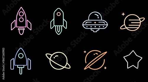 Assorted Neon Space Icons on Photo Black Background saturn rocket
