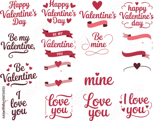 Collection of cute valentine day typographic designs with hearts and ribbons for romantic greeting cards and invitations set