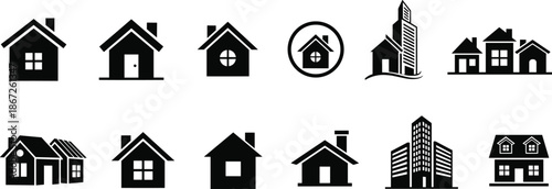 House, Home, Building, Architecture, Realestate, Property, Residential, City, Urban, Housing, Icon, Silhouette, Vector, Black, Minimal, Symbol, Cottage, Apartment, Estate, Set