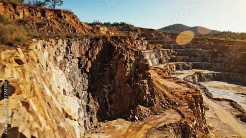 Aerial view of a large open pit mine site showcasing rock formations and excavation landscape with tiered levels