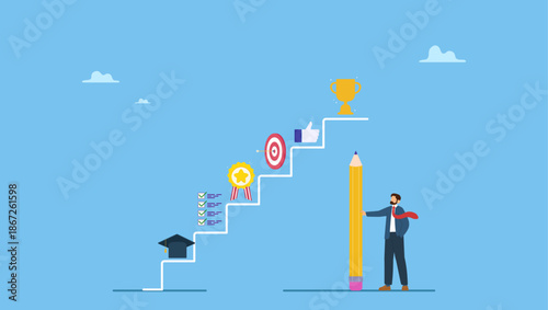 Businessman planning step to success in work and career on staircase. Career planning, step to develop plan and growth career opportunity, professional achievement or business success.