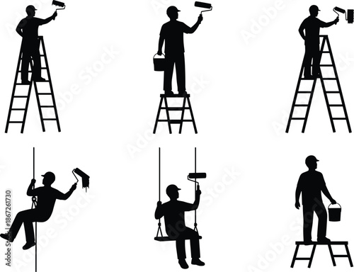 painter, silhouette, worker, ladder, painting, man, male, construction, renovation, decorator, house, work, job, maintenance, industry, safety, equipment, profession, vector, isolated