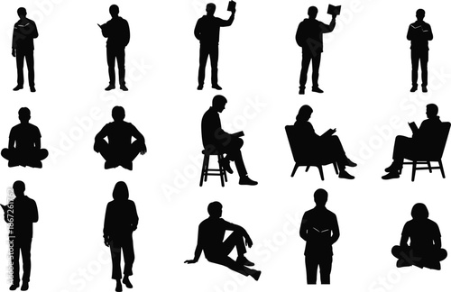people, silhouette, man, male, human, person, reading, standing, sitting, poses, figure, black, isolated, collection, set, lifestyle, thinking, education, leisure, vector