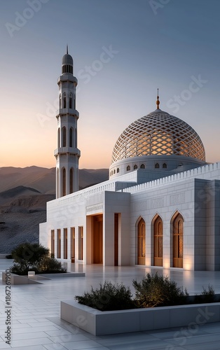 Majestic White Mosque Dome and Minaret at Sunrise with Desert Mountains
