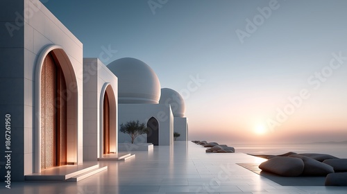 Serene coastal resort architecture with Mediterranean domes at sunset