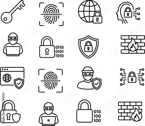 Cybersecurity and digital protection icons set, secure access, identity verification, encryption, firewall, VPN, data safety