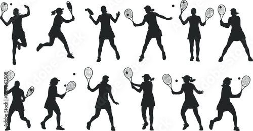 tennis, sport, athlete, player, silhouette, action, motion, racket, swing, serve, volley, smash, training, competition, fitness, match, game, woman, female, vector