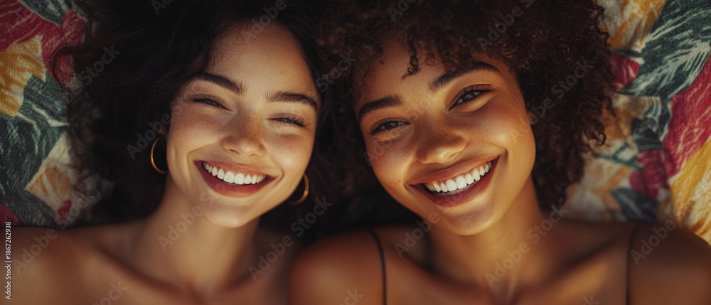 Obraz premium Cheerful girls with broad smiles lie on a colourful blanket, creating a warm and friendly atmosphere that would be suitable as a backdrop for advertising youth products or tourist services.