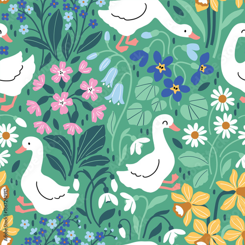Wallpaper Mural Hand drawn floral background with white goose. Seamless vector pattern with cute white ducks and summer flowers.  Torontodigital.ca