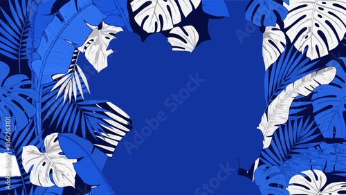 Blue Tropical Leaves Vector Illustration Frame with White and Silver Accents, Exotic Botanical Design