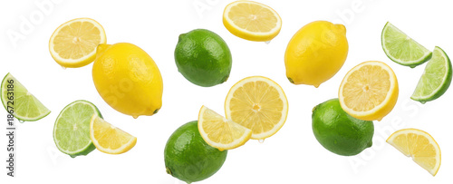 Fresh yellow lemons and bright green limes whole and sliced appear to be falling or floating showing juicy interiors and textured skins with subtle water droplets citrus fruit transparent background