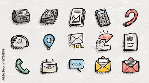 set of hand drawn icons social media communications