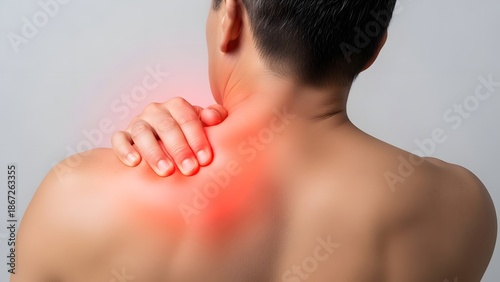 A person experiencing shoulder and upper back pain, with red highlights indicating discomfort.