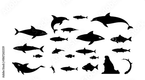Ocean wildlife flat icons in a black silhouette style with intricate details, created as a vector illustration, featuring a marine theme with various sea creatures such as dolphins, whales, and fish, 