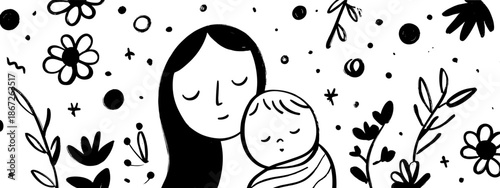 mother and baby hand drawn vector black and white background 