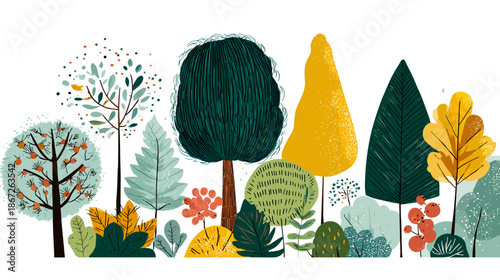 set of autumn trees vector colored hand drawn 