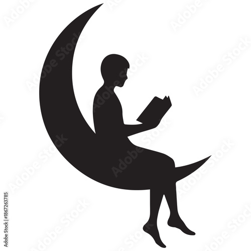 Silhouette of a person reading on a crescent moon