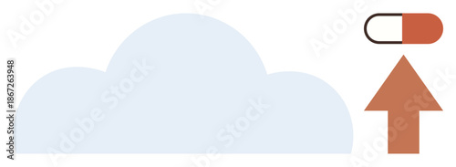 Cloud technology, digital healthcare, data storage, online pharmacy, medical innovation, connectivity. A cloud with a pill and arrow pointing upward. Cloud technology and digital healthcare concept