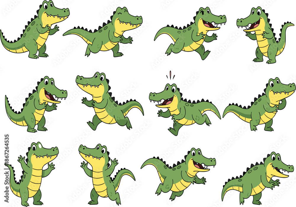 Obraz premium Set of Twelve Green Crocodile Character Mascots with Different Poses, Happy Alligator Cartoon, Wild Animal Illustration, Running, Waving, and Jumping