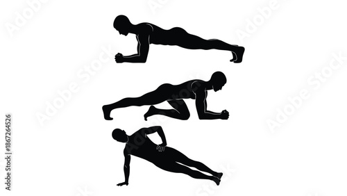 Black silhouette man planking set, male athlete doing core exercise, fitness workout training isolated vector icons, healthy lifestyle abdominal strength bodyweight collection, gym.