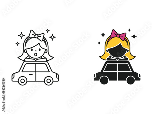 Cartoon girl sitting on top of car with bow in hair