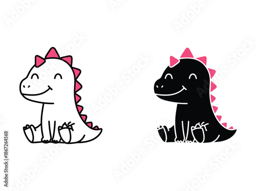 Cute cartoon dinosaur illustration in black and white