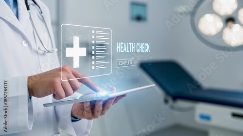 Medical doctor hand with digital tablet electronic health check complete hologram and medical diagnosis checklist verification record data management system