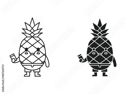 Cute pineapple character holding bottle and earphone