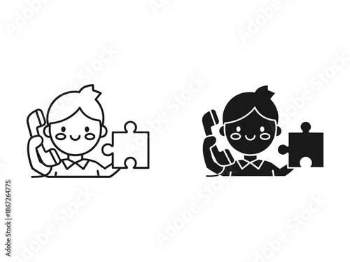 Cartoon characters holding puzzle pieces and phones