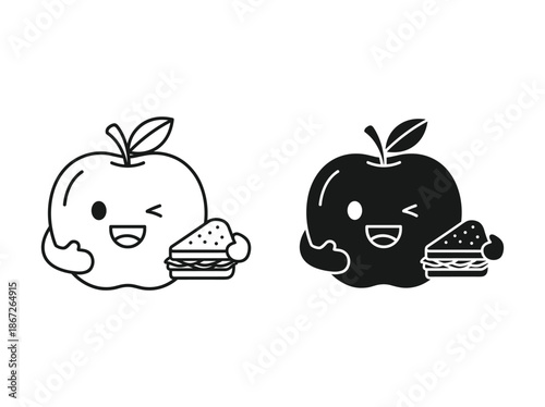 Cartoon apples with sandwiches on a white background