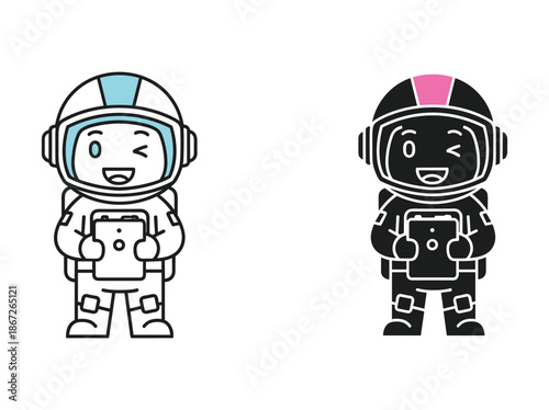 Cartoon astronauts holding mobile phones in space suits