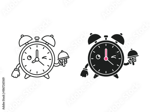 Cartoon alarm clock holding microphone
