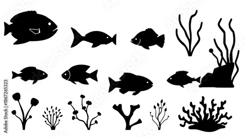 A minimalist black vector icon collection featuring silhouettes of various underwater animals and plants, including fish, coral, and seaweed, set against a clean and simple background, with bold lines
