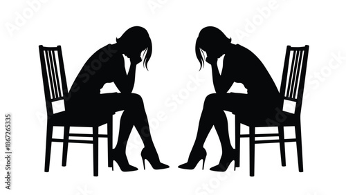 Black silhouette of two depressed women sitting on chairs facing each other, female figures in sorrow with heads in hands isolated on white background, grief.